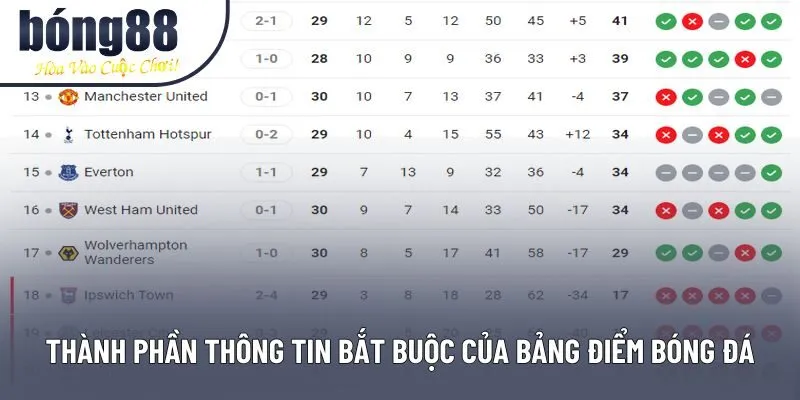 Thành phần thông tin bắt buộc của bảng điểm bóng đá